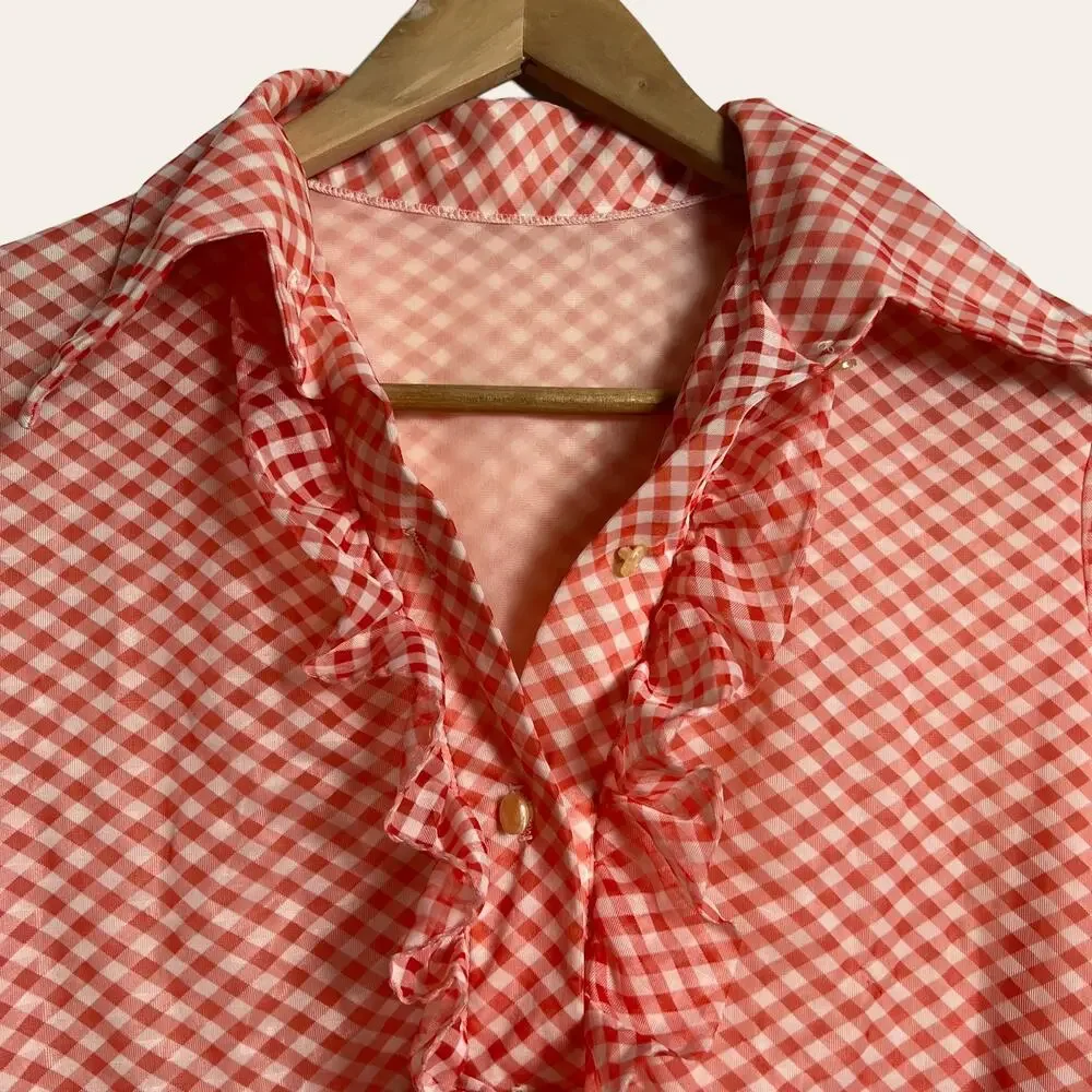 70’s Vintage Red Gingham Check Print Ruffle Front Collared Bodysuit Size M